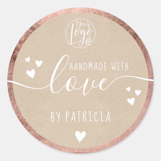 Handmade love script logo hearts rose gold kraft classic round sticker (Front)