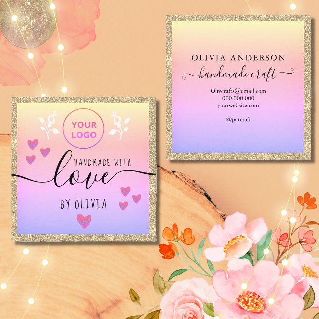 Handmade love typography gold glitter pink logo square business card (Creator Uploaded)