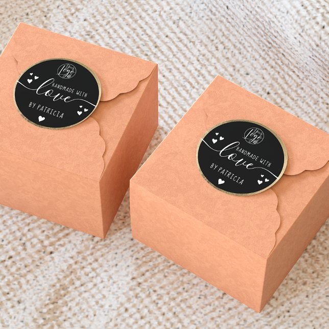 Handmade love typography logo hearts gold black classic round sticker (Creator Uploaded)