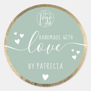 Handmade love typography logo hearts gold green classic round sticker
