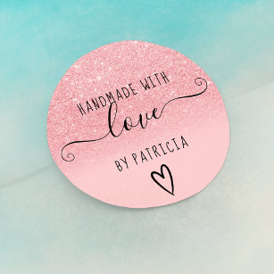 Handmade love typography pink glitter sparkles classic round sticker