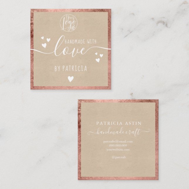 Handmade love typography rose gold kraft logo square business card (Front/Back)
