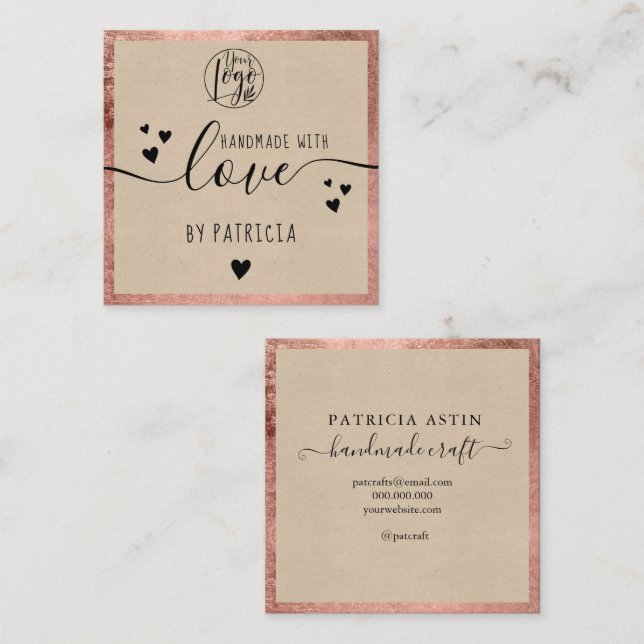 Handmade love typography rose gold kraft square business card (Front/Back)