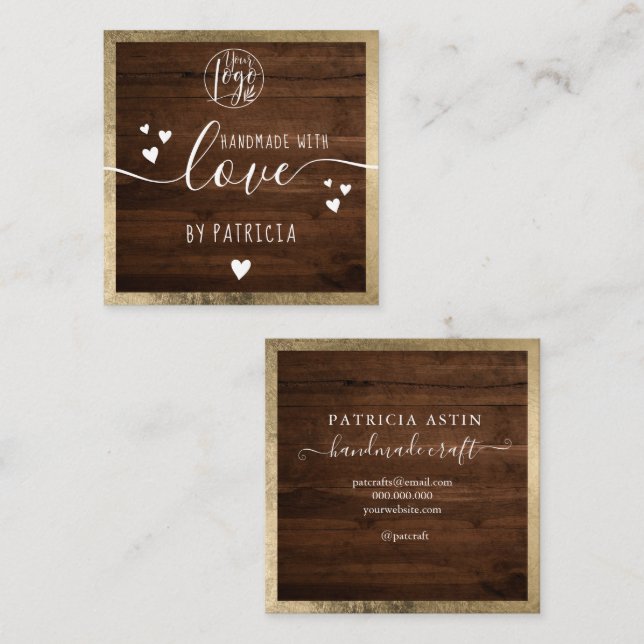 Handmade love typography rustic gold wood logo square business card (Front/Back)