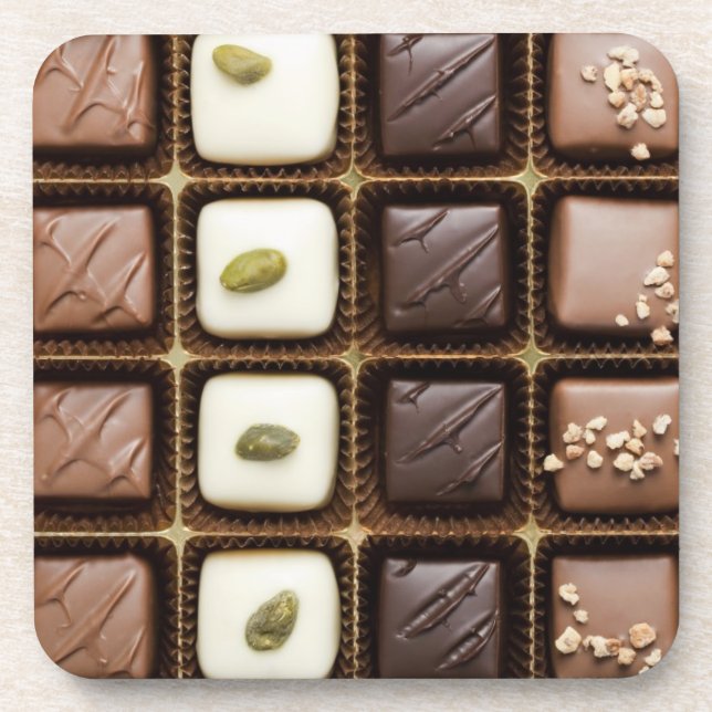 Handmade luxury chocolate in a box coaster (Front)