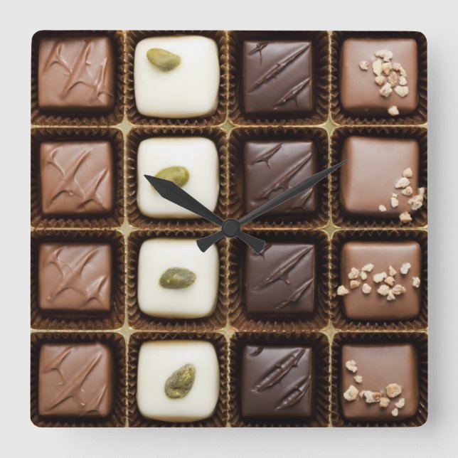 Handmade luxury chocolate in a box square wall clock (Front)