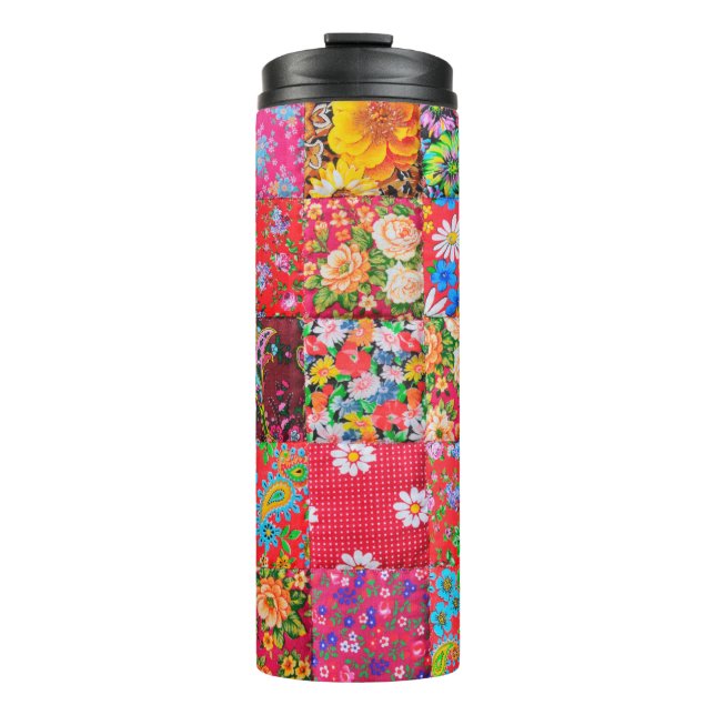 Handmade patchwork quilt with floral pattern as ba thermal tumbler (Front)