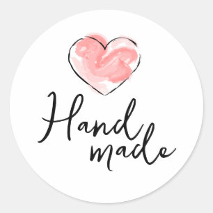 Handmade Pink Watercolor Heart Handwritten Script Classic Round Sticker