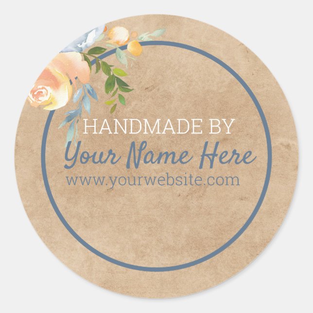 Handmade Product Blue and Peach Floral Kraft Paper Classic Round Sticker (Front)