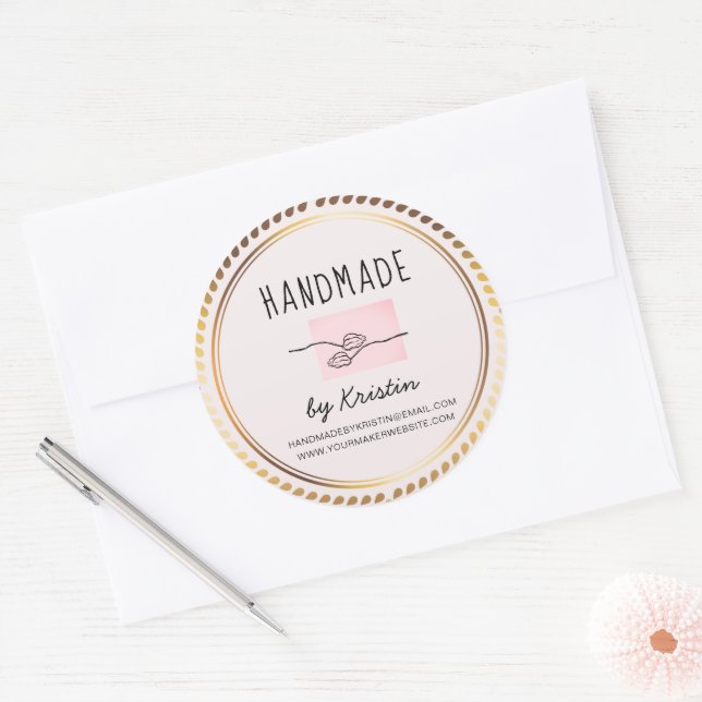 Handmade Rustic Pink Golden Frame Classic Round Sticker (Envelope)