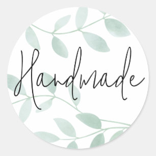 Handmade small business with watercolor leafs classic round sticker