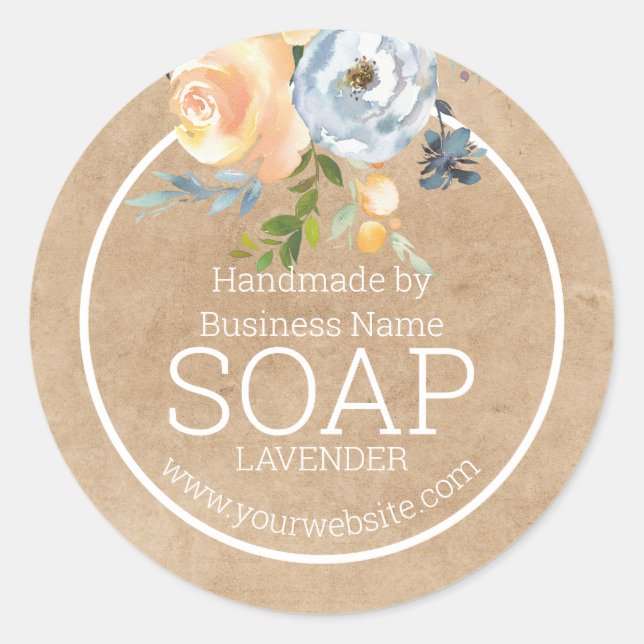 Handmade Soap Floral Rustic Kraft Paper Classic Round Sticker (Front)