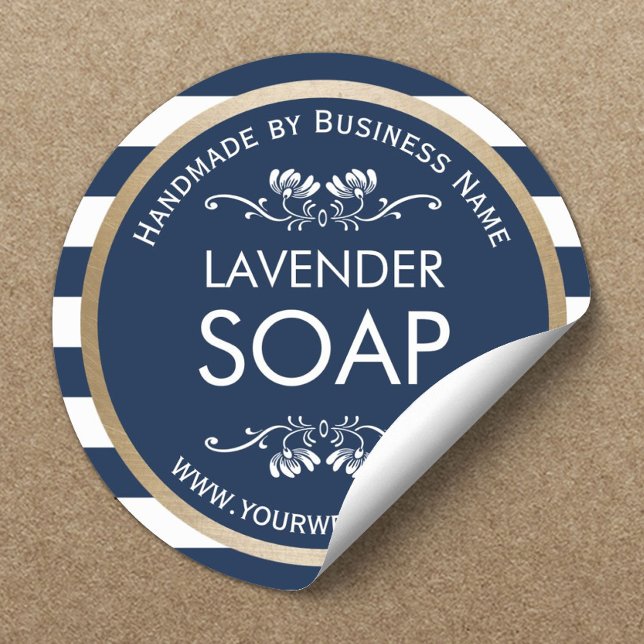 Handmade Soap Gold Border Navy Blue Stripes Classic Round Sticker (Creator Uploaded)