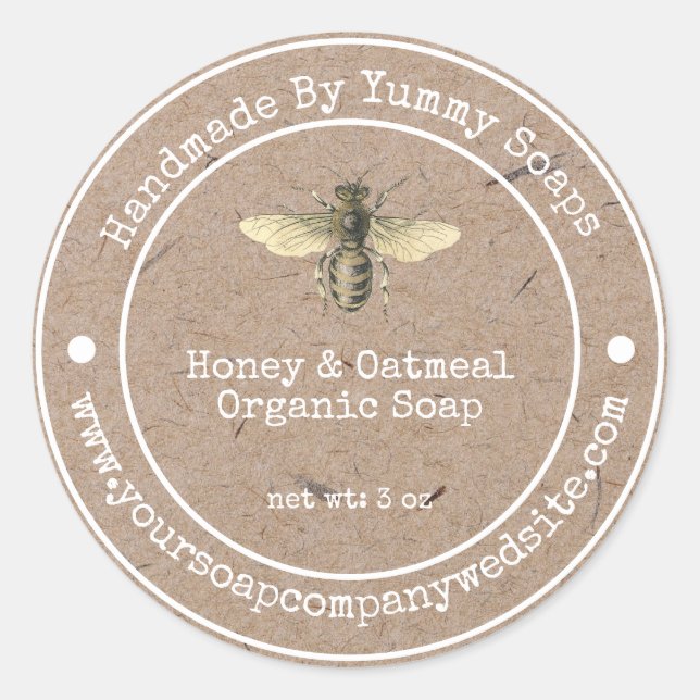 Handmade Soap Label |Faux Kraft Paper Honey Bee (Front)