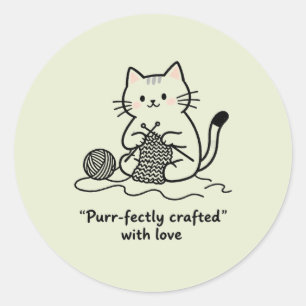 Handmade Textile Art Cat Knitting Graphic Art Classic Round Sticker
