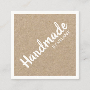 Handmade white script brown rustic kraft square business card