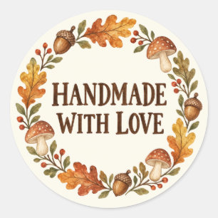 Handmade With Love Autumn Mushroom Wreath Classic Round Sticker