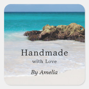 Handmade with Love Azure Ocean Sandy Beach Photo Square Sticker