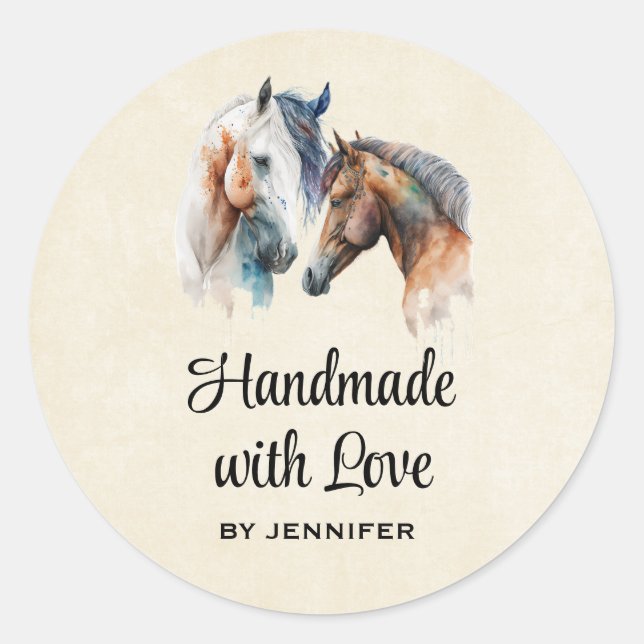 Handmade with Love Beautiful Horses Western Boho Classic Round Sticker (Front)