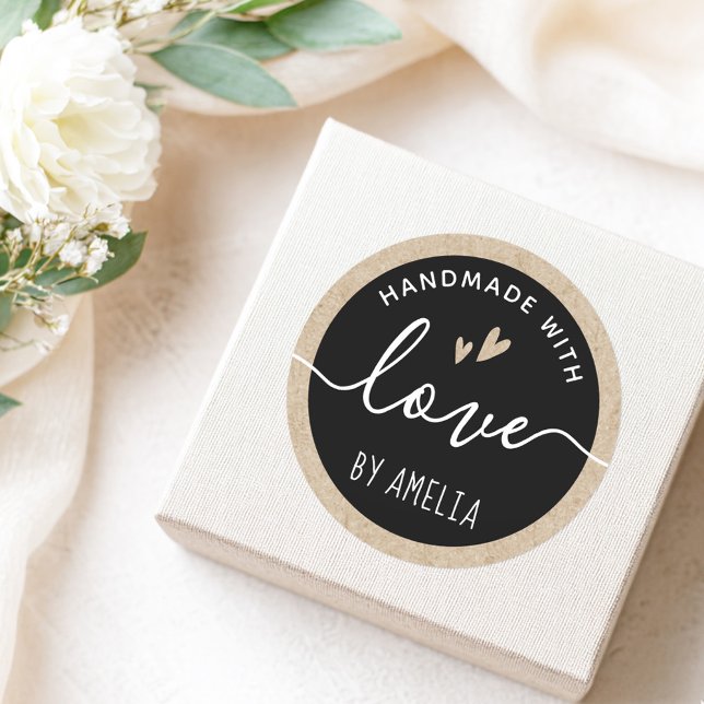 Handmade with love black and Kraft paper look Classic Round Sticker (Handmade with love black and Kraft paper look Classic Round Sticker)