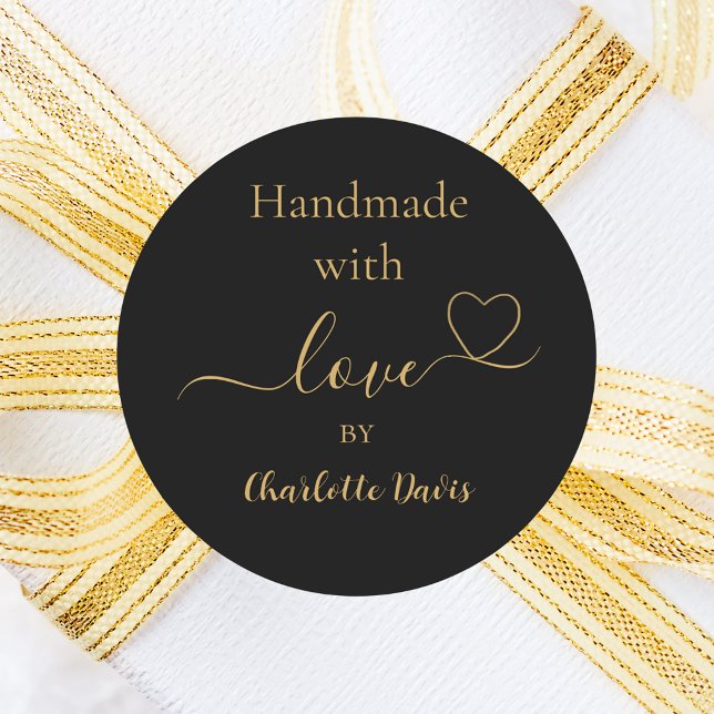 Handmade with love black gold name classic round sticker (Creator Uploaded)