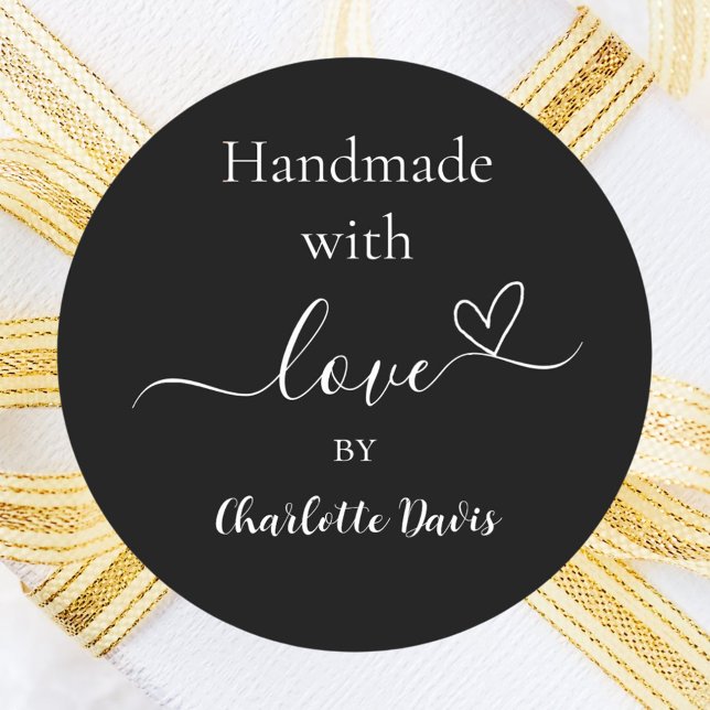 Handmade with love black white name classic round sticker (Creator Uploaded)