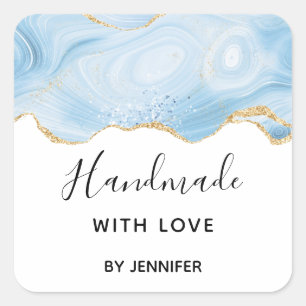 Handmade with Love Blue and Gold Agate Stylish Square Sticker