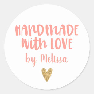 Handmade With Love Blush Pink Personalised Classic Round Sticker