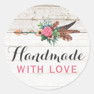 Handmade With Love Bohemian Feather Arrow Rustic Classic Round Sticker
