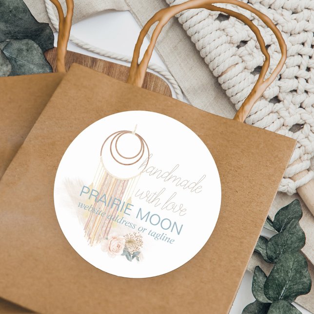 Handmade with Love Boho Macrame Wall Hanging Classic Round Sticker (Handmade with Love small business packaging stickers with boutique boho macrame wallhanging)