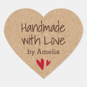 Handmade with love by custom name Kraft paper look Heart Sticker