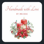 Handmade with Love Candles and Poinsettia Bouquet Square Sticker<br><div class="desc">Handmade with Love stickers with a pretty bouquet made with watercolors. Red candles with gold accents and a smaller white candle too. Surrounded by a pine bouquet with a poinsettia flower.</div>