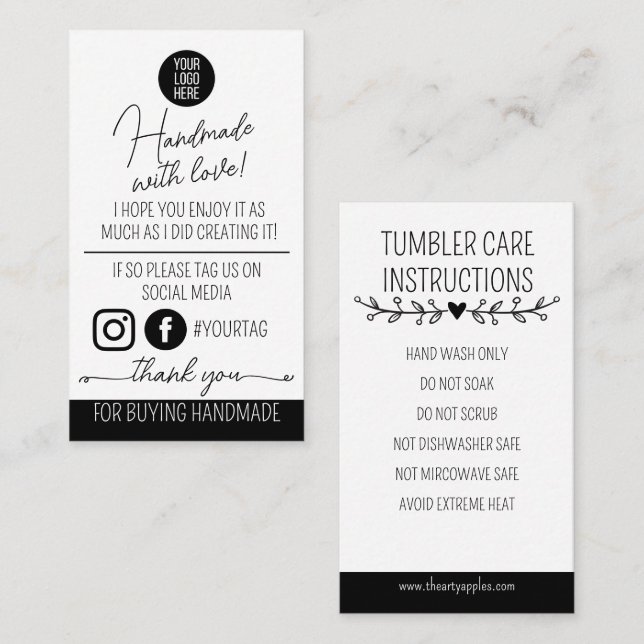 Handmade With Love Care Instructions Card (Front/Back)