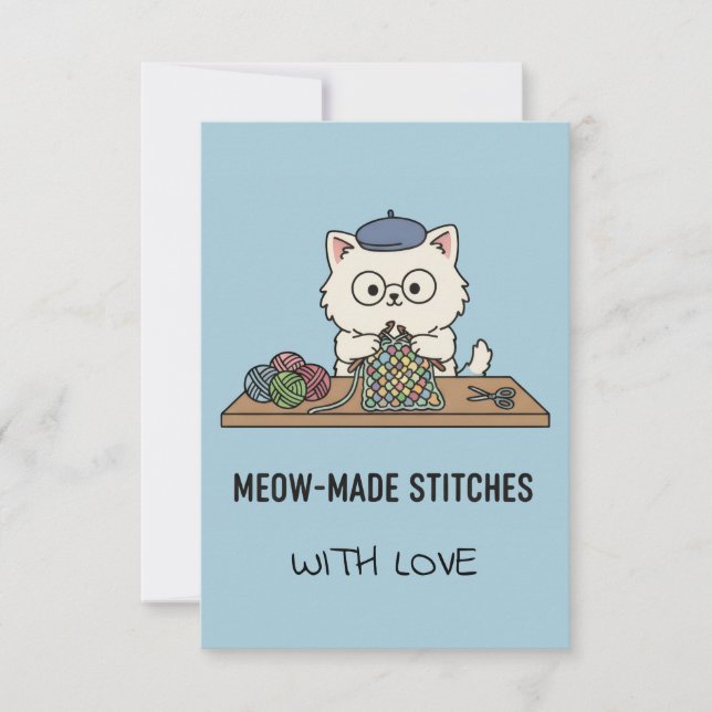 Handmade With Love Cat Knitting Blue Graphic Card (Front)