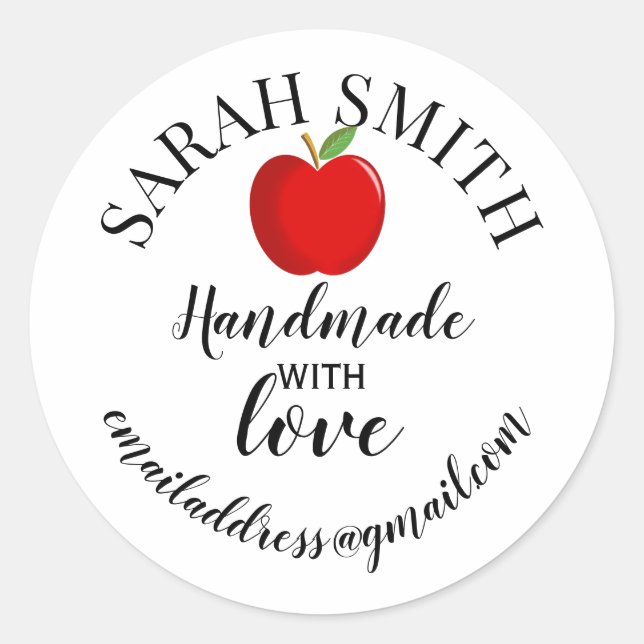 Handmade with love company name apple classic round sticker (Front)