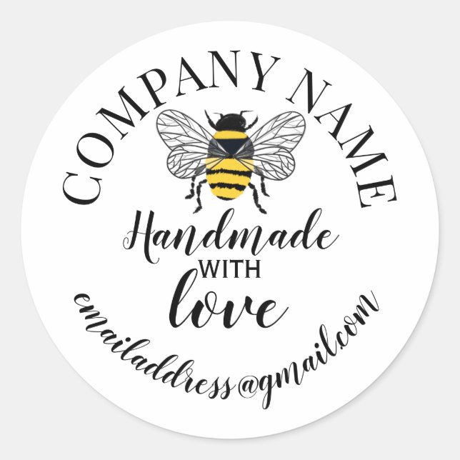 Handmade with love company name bee classic round sticker (Front)