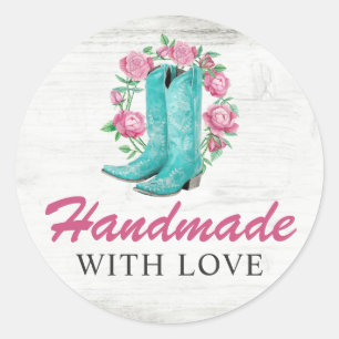 Handmade With Love Country Cowgirl Boots & Roses Classic Round Sticker