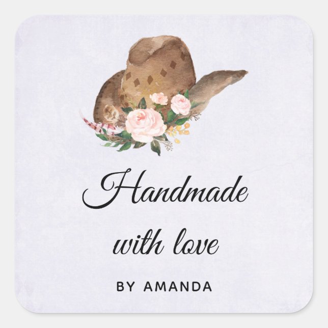 Handmade with Love Cowgirl Hat with Pink Flowers Square Sticker (Front)