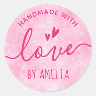 Handmade with love custom name pink classic round sticker