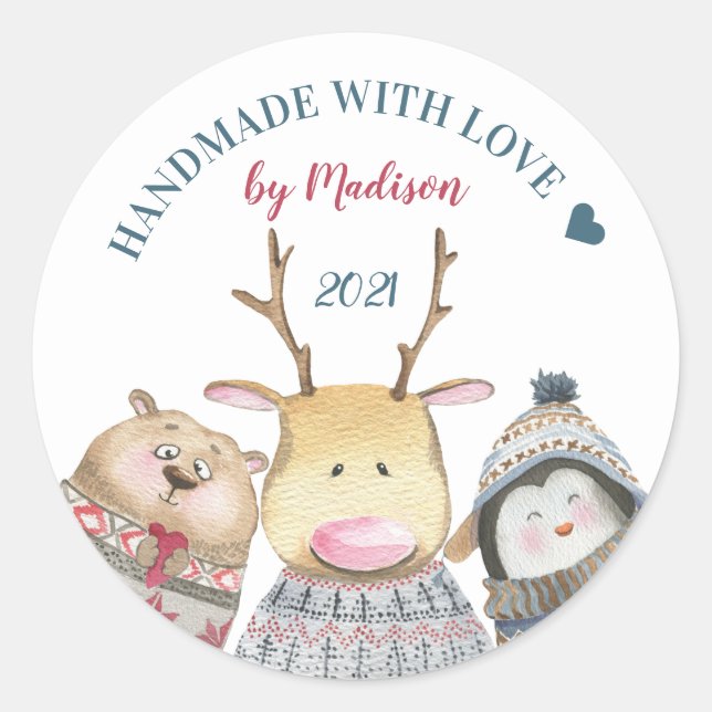 Handmade with love Cute animals winter Classic Round Sticker (Front)
