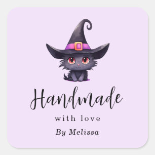 Handmade with Love Cute Black Cat in a Witch's Hat Square Sticker