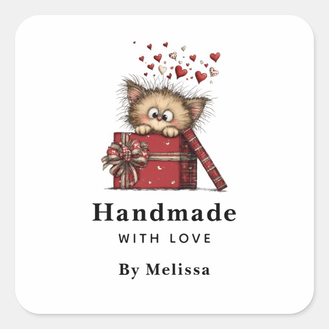 Handmade with Love Cute Cartoon Kitten with Hearts Square Sticker (Front)