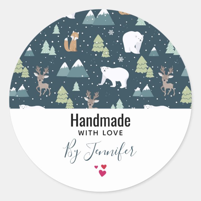Handmade with Love Cute Christmas Animals Classic Round Sticker (Front)