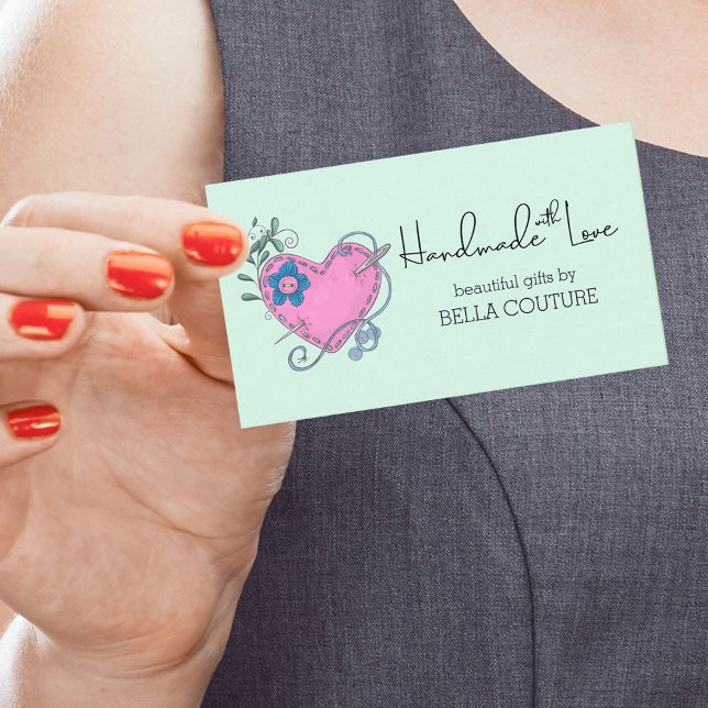 Handmade with Love Cute Country Heart Mint Green Business Card (Creator Uploaded)
