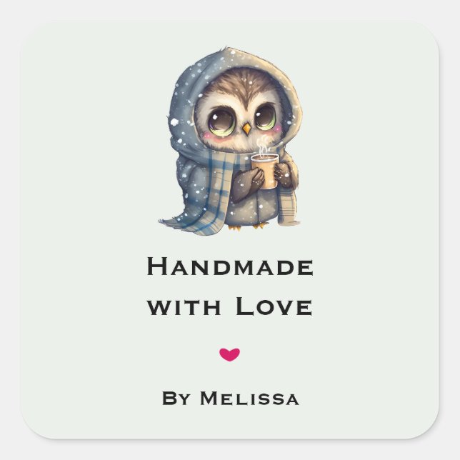 Handmade with Love Cute Owl Holding a Coffee Square Sticker (Front)