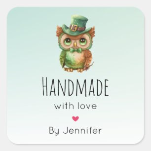 Handmade with Love Cute Owl in a Green Top Hat Square Sticker