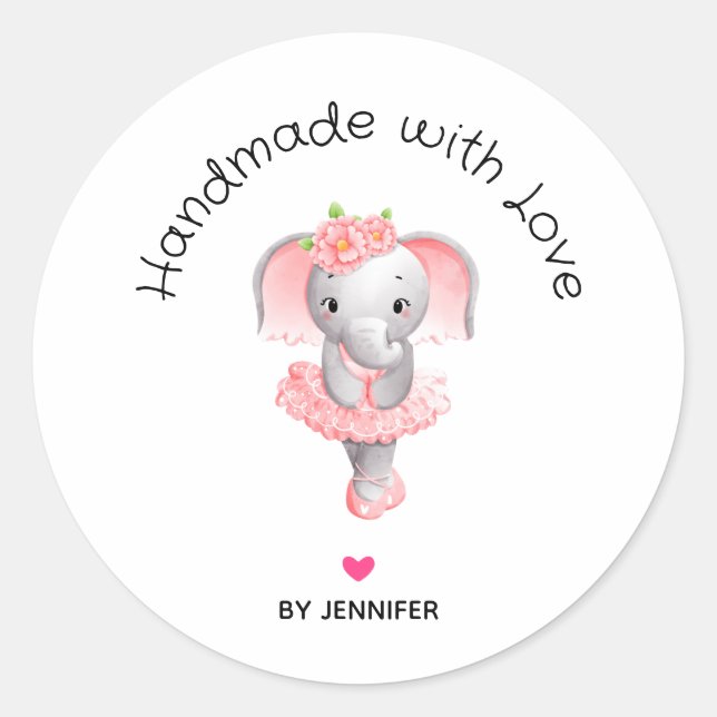 Handmade with Love Cute Pink Elephant Ballerina Classic Round Sticker (Front)