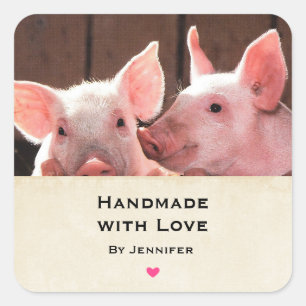 Handmade with Love Cute Pink Piglets Animal Photo Square Sticker