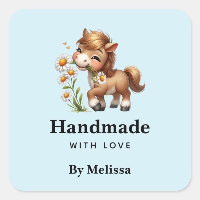 Handmade with Love Cute Pony Eating Daisies Square Sticker (Front)