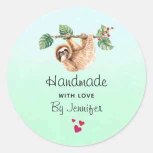 Handmade with Love Cute Sloth Hanging Upside Down Classic Round Sticker